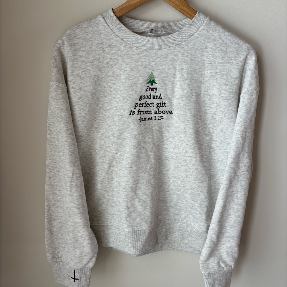 Gray Crewneck Sweater with Inspirational Print- Embroidered